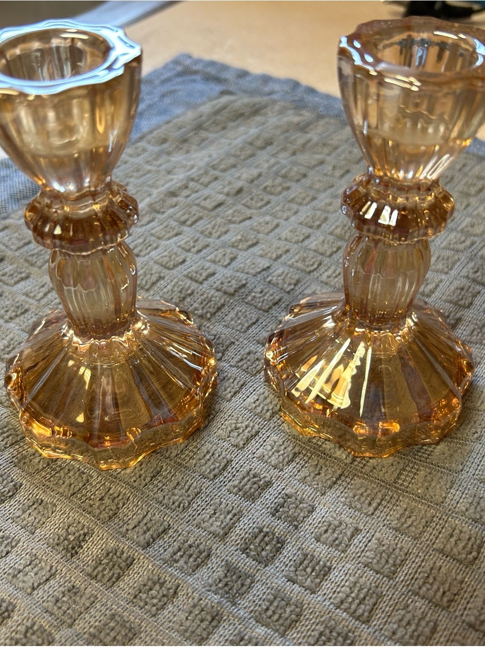 Set of 2 Amber Glass Candlesticks - Vintage-Inspired Accent Pair